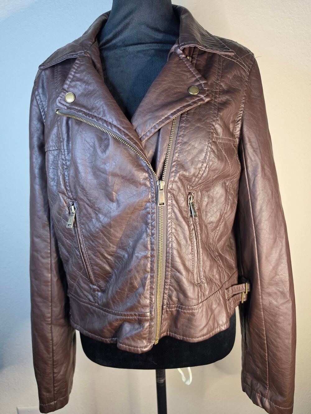 Bongo Brown Faux Leather Moto Jacket Cropped Biker Asymmetrical Metal Zippers